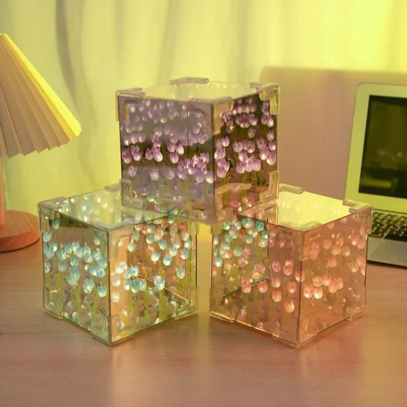 3d Cloud Tulip Led Night Light Mirror Table Lamps DIY Flower Sea  Bedroom Ornaments Decoration Mirror Table Lamps Bedside Gift